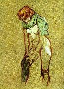 kvinna som drar pa sig strumpan toulouse-lautrec
